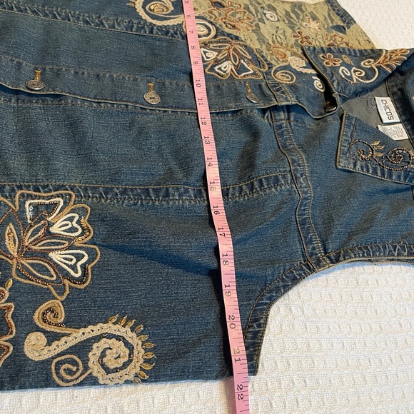 Chico's Embroidered Denim Jacket in Blue with Cream and Tan Accents - Picture 3 of 6